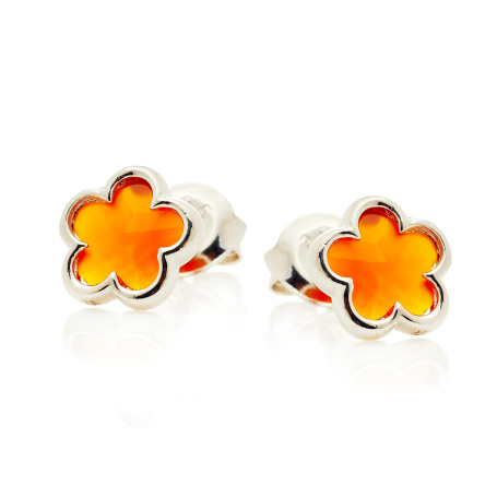 Clover 5 stud earrings with red natural onyx, in rhodium-plated 925 silver