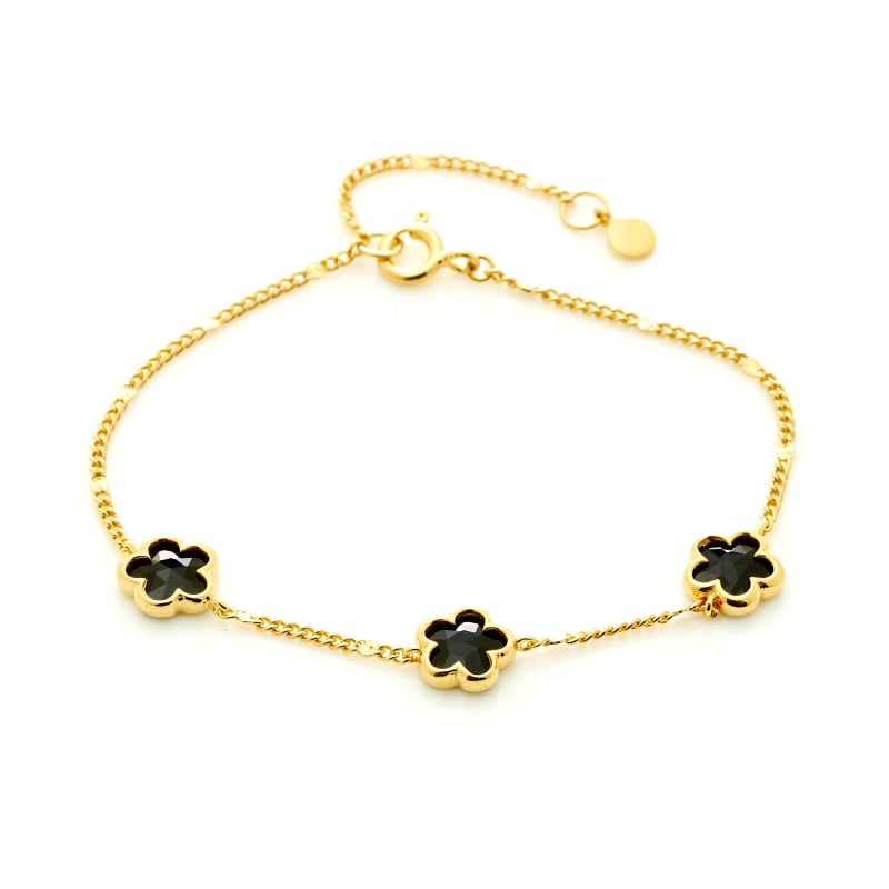 Clover bracelet 5 with natural black onyx, in gold plated 925 silver, length 15.5+3