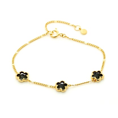 Clover bracelet 5 with natural black onyx, in gold plated 925 silver, length 15.5+3