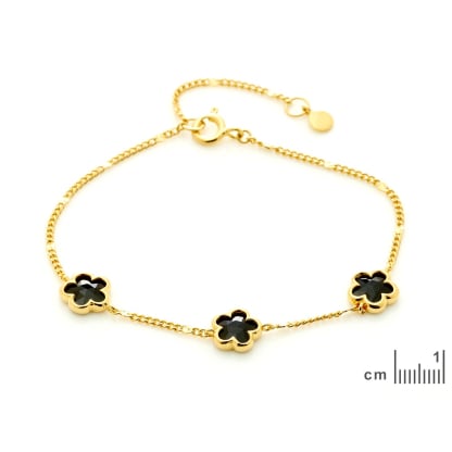 Clover bracelet 5 with natural black onyx, in gold plated 925 silver, length 15.5+3