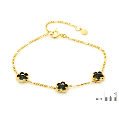 Kleeblatt-Armband 5 mit natürlichem schwarzem Onyx, in gold 925 Silber, Länge 15,5+3
