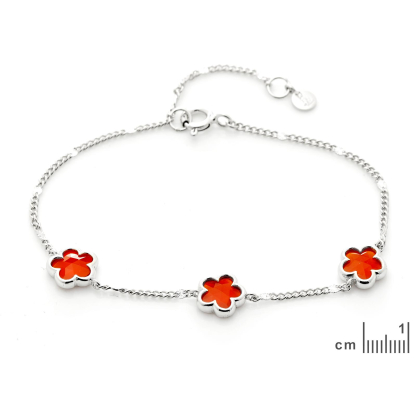Pulsera de trébol con ónix rojo natural, en plata 925 bañada en rodio, longitud 15,5+3