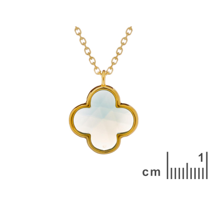Clover necklace with tinted blue chalcedony, in 925 gold plated silver, length 42+3