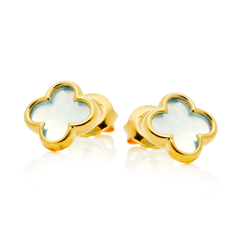 Clover Stud Earrings with Tinted Blue Chalcedony, in gold plated 925 Silver