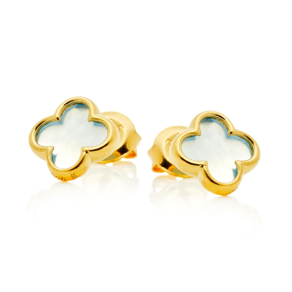 Clover Stud Earrings with Tinted Blue Chalcedony, in gold plated 925 Silver