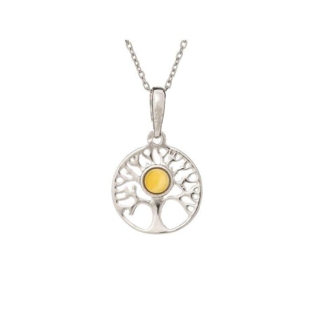 Round honey amber tree of life pendant, rhodium-plated 925 silver, 1.5x2.3 cm