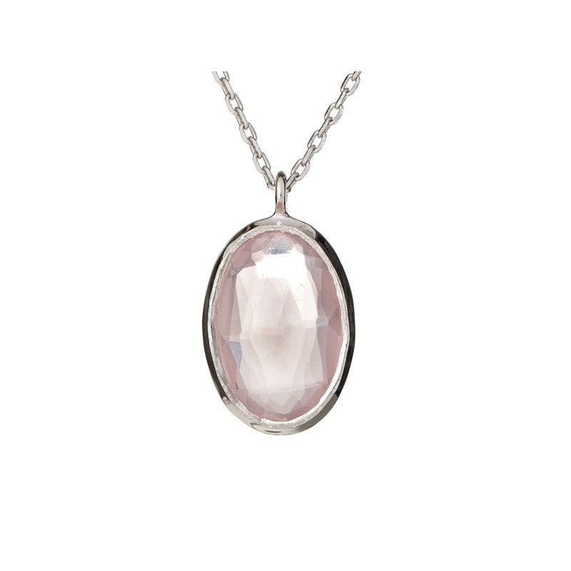 Collana in quarzo rosa ovale naturale, in argento rodiato 925, 42+3 cm