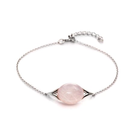 Bracelet avec quartz rose ovale naturel, en argent rhodié 925