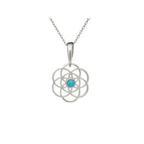 Reconstituted blue turquoise flower of life pendant, rhodium-plated 925 silver