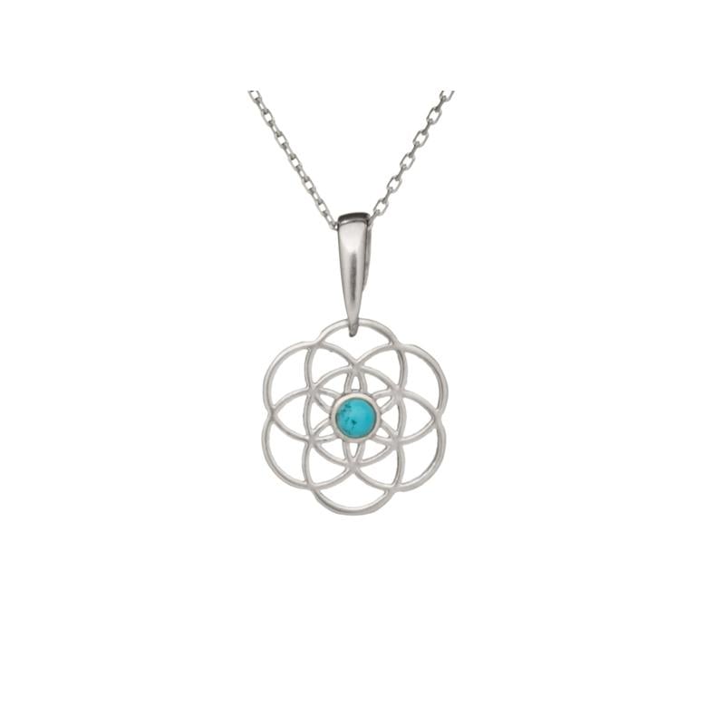 Reconstituted blue turquoise flower of life pendant, rhodium-plated 925 silver