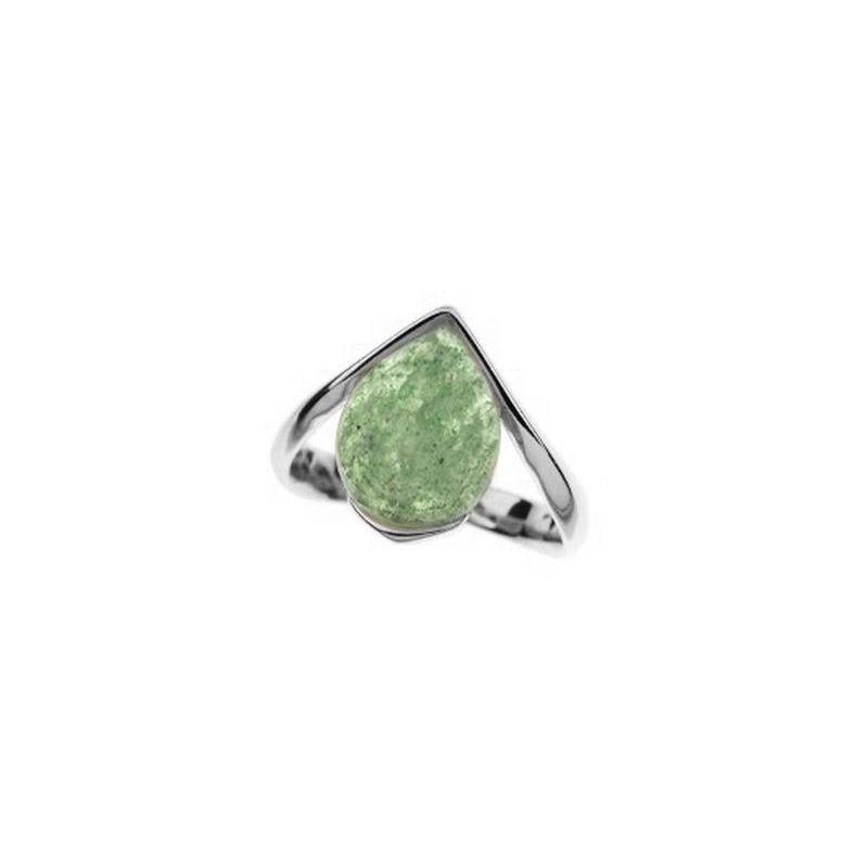 Natural drop green aventurine ring, rhodium-plated 925 silver