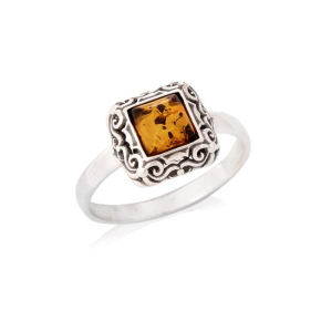 Natural cognac Baltic amber square ring, oxidized 925 silver, 1x1 cm