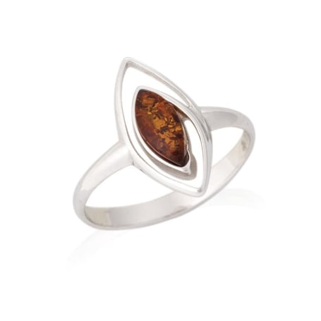 Bague avec ambre cognac navette naturel de la mer Baltique, en argent rhodié 925