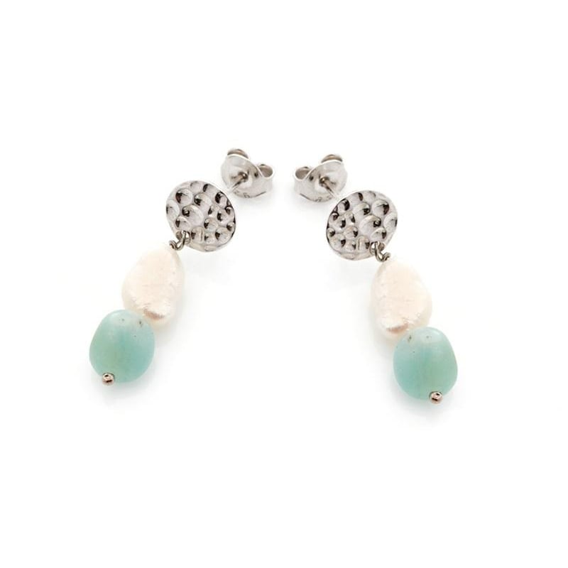 Boucles d'oreilles pendantes avec amazonite bleue irrégulière, argent rhodié 925