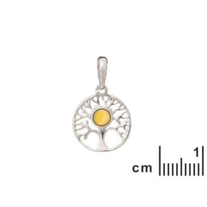 Bernsteinanhänger Lebensbaum honigfarben rund, 925 Silber rhodiniert, 1,5x2,3 cm