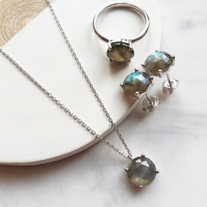 Round multi-colored labradorite stud earrings, rhodium-plated 925 silver, 9 mm