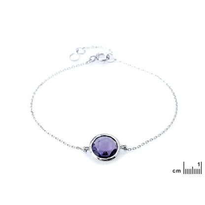 Doğal yuvarlak mor ametist bileklik, rodyum kaplama 925 gümüş, 17-19 cm