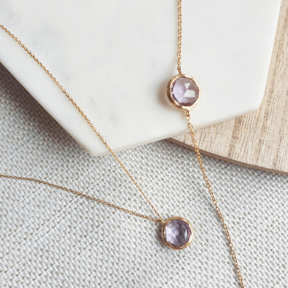 Natural round purple amethyst necklace, gold-plated 925 silver, 42+3 cm