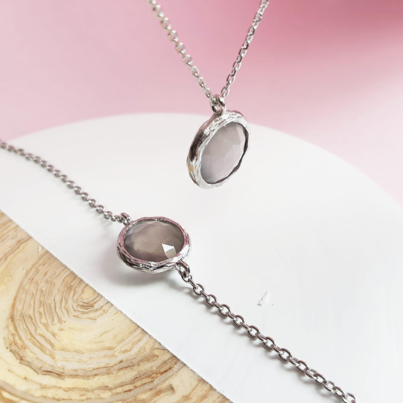 Collana in pietra di luna bianca tonda naturale, in argento rodiato 925, 42+3 cm — foto 3