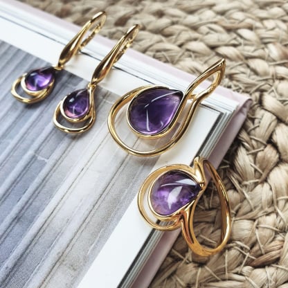 Natural drop purple amethyst pendant, gold-plated 925 silver