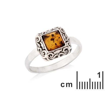 Natural cognac Baltic amber square ring, oxidized 925 silver, 1x1 cm