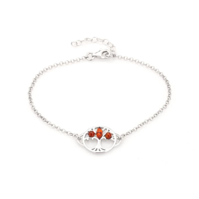 Bracelet arbre de vie avec ambre cognac rond, argent rhodié 925, 16+3 cm