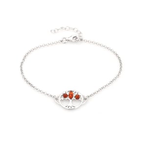Round cognac amber tree of life bracelet, rhodium-plated 925 silver, 16+3 cm