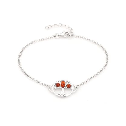Round cognac amber tree of life bracelet, rhodium-plated 925 silver, 16+3 cm