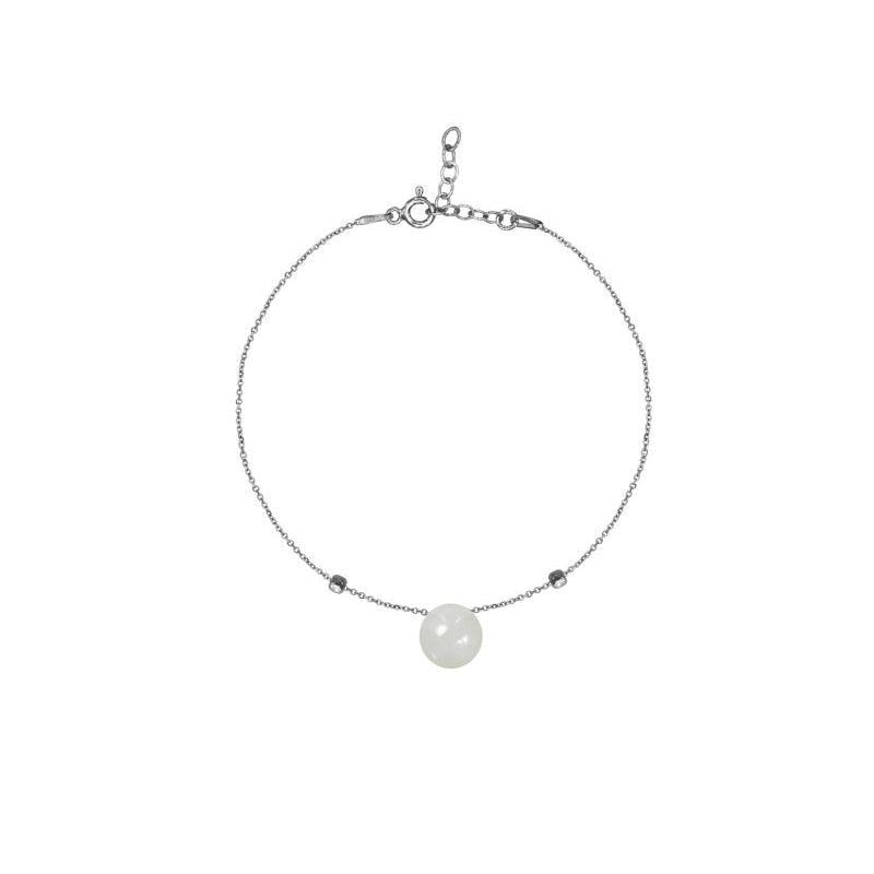 Natural round white moonstone bracelet, rhodium-plated 925 silver, 16+3 cm