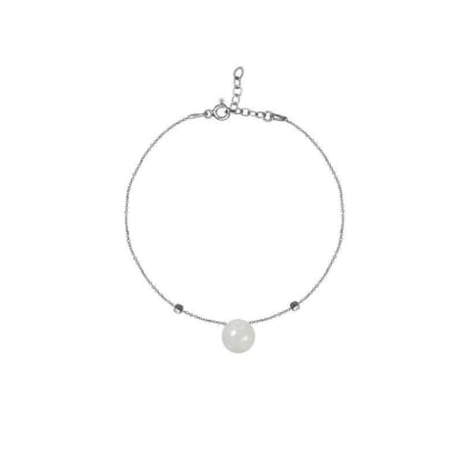 Natural round white moonstone bracelet, rhodium-plated 925 silver, 16+3 cm
