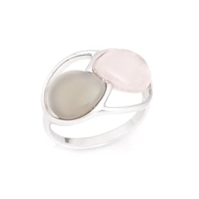 Natural drop rose quartz ring with agate, rhodium-plated 925 silver, 2x1.5 cm