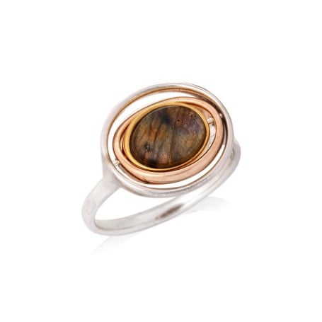 Bague avec labradorite multicolore ovale, argent rhodié 925, 1,5x1,3 cm