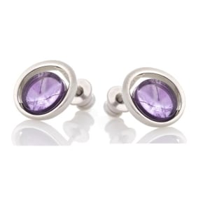 Natural round purple amethyst stud earrings, rhodium-plated 925 silver