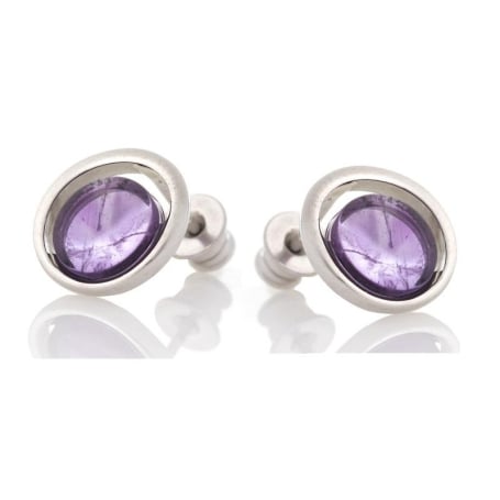 Natural round purple amethyst stud earrings, rhodium-plated 925 silver