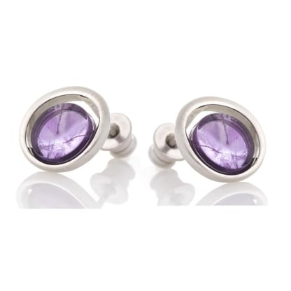 Natural round purple amethyst stud earrings, rhodium-plated 925 silver