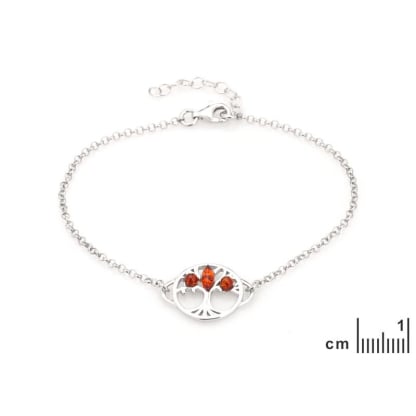 Pulsera árbol de la vida de ámbar coñac redondo, plata rodiada 925, 16+3 cm