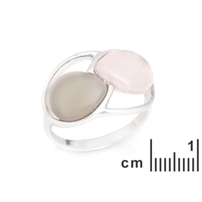 Natural drop rose quartz ring with agate, rhodium-plated 925 silver, 2x1.5 cm