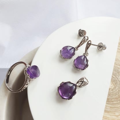 Natural irregular purple amethyst ring, rhodium-plated 925 silver