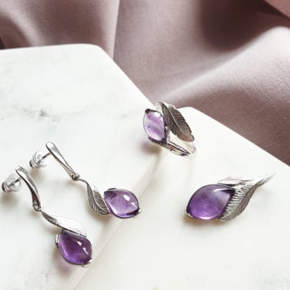Natural drop purple amethyst ring, rhodium-plated 925 silver, 2x1.2 cm