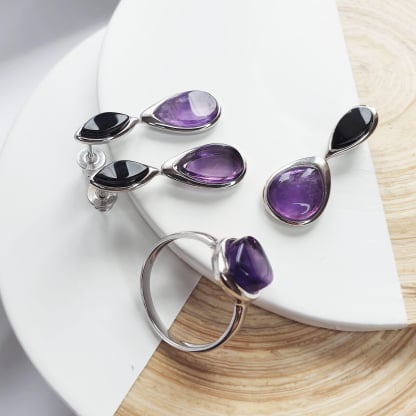Natural marquise purple amethyst ring, rhodium-plated 925 silver