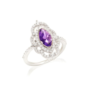 Bague avec améthyste ovale et oxyde zirconium, en argent rhodié 925