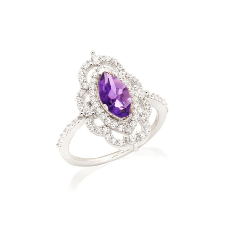 Bague avec améthyste ovale et oxyde zirconium, en argent rhodié 925