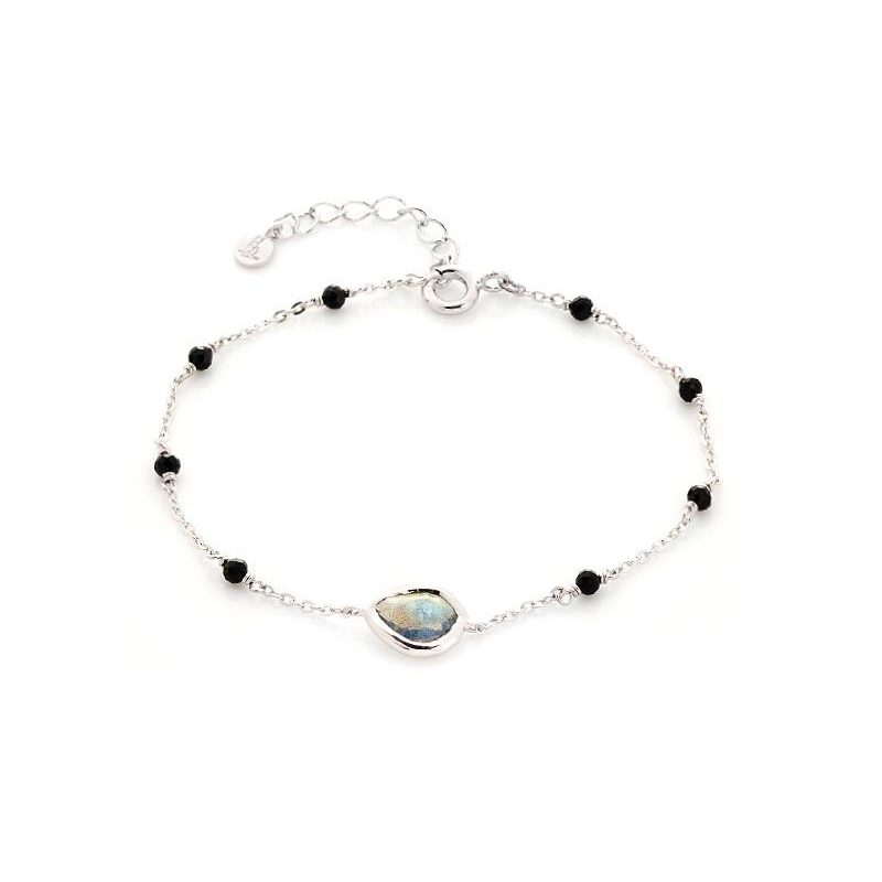 Labradorit ve spinel taşlı bileklik, rodyum kaplama gümüş 925, 15,5 + 3 cm