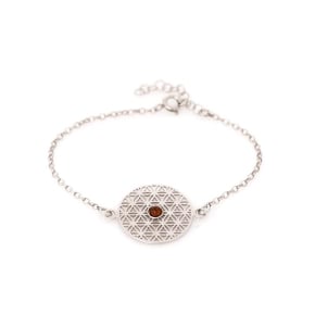 Bracelet fleur de vie avec ambre cognac rond, argent rhodié 925, 42+3 cm