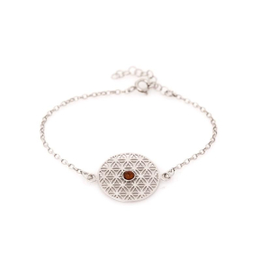 Round cognac amber flower of life bracelet, rhodium-plated 925 silver, 42+3 cm