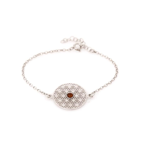 Round cognac amber flower of life bracelet, rhodium-plated 925 silver, 42+3 cm