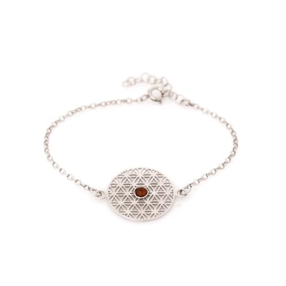Pulsera flor de la vida de ámbar coñac redondo, plata rodiada 925, 42+3 cm