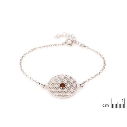 Bernsteinarmband Blume des Lebens cognac rund, 925 Silber rhodiniert, 42+3 cm