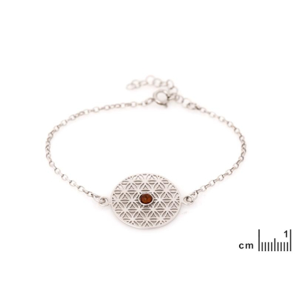 Pulseira flor da vida de âmbar cognac redondo, prata rodiada 925, 42+3 cm