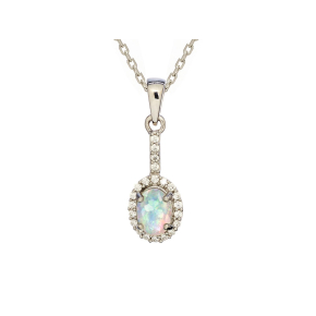 Pandantiv oval cu opal și oxid de zirconiu, din argint 925 placat cu rodiu
